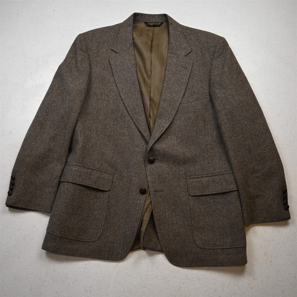Vtg USA Made 42S Tan Brown Herringbone Wool Tweed Mens Blazer Jacket Sport Coat